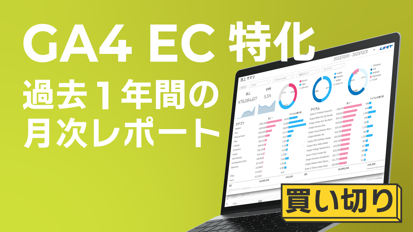 【買い切り】GA4 EC特化レポート:過去1年間の月次レポート(対象期間を過去13カ月に設定済み)Looker Studio