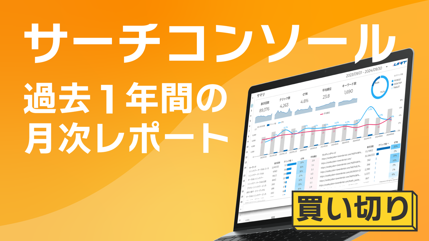 【買い切り】Googleサーチコンソールレポート:過去1年間の月次レポート(対象期間を過去13カ月に設定済み)Looker Studio