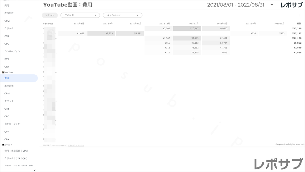 【買い切り】Google広告レポート：過去１年間の月次レポート（対象期間を過去13カ月に設定済み）データポータル（Looker Studio）