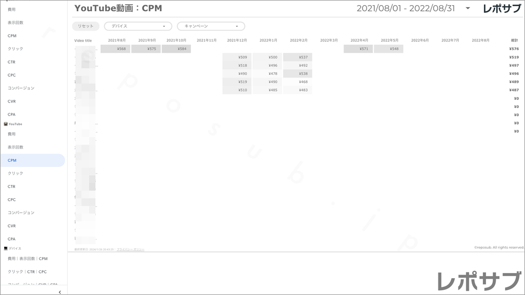 【買い切り】Google広告レポート：過去１年間の月次レポート（対象期間を過去13カ月に設定済み）データポータル（Looker Studio）